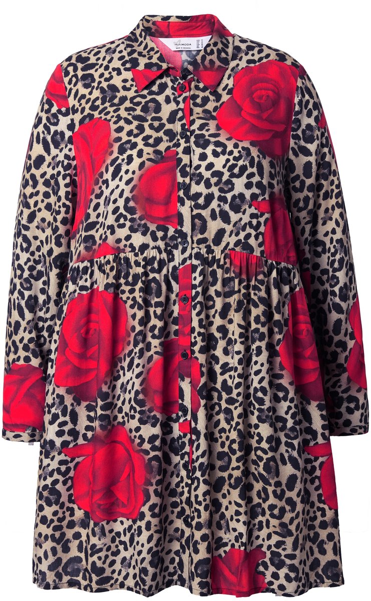 MIAMODA - Dames - Blouse A-lijn luipaard/rozen-motief lange mouwen - Champagne - Maat 52