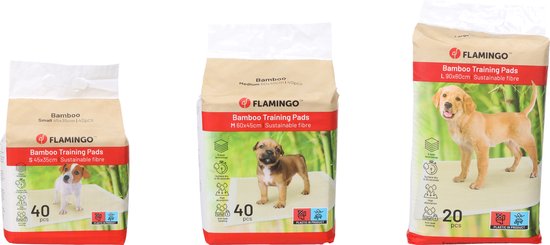 Flamingo bamboe trainingspads: S (45x35cm, 40 stuks), M (60x45cm, 40 stuks) en L (60x60cm, 20 stuks). Op de M en L pads staat een puppy/hond.