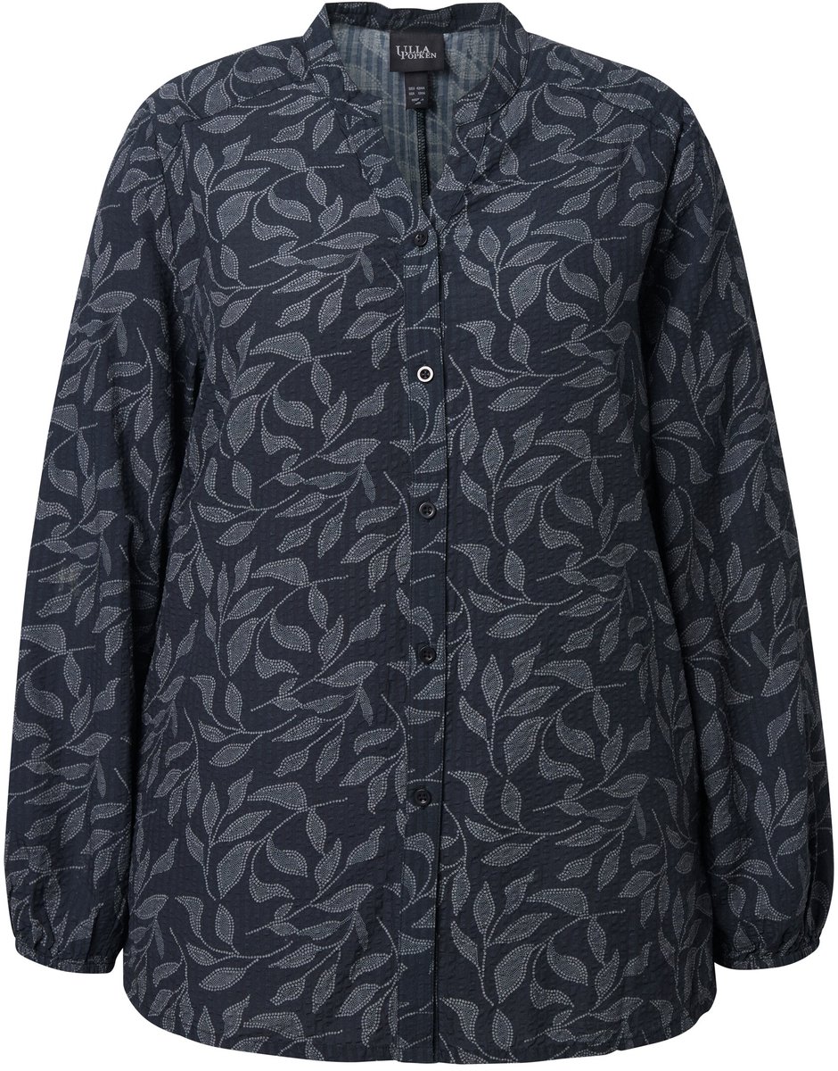 Ulla Popken - Dames - Blouse cupromix bladeren opstaande kraag lange mouw - Zwart - Maat 46+