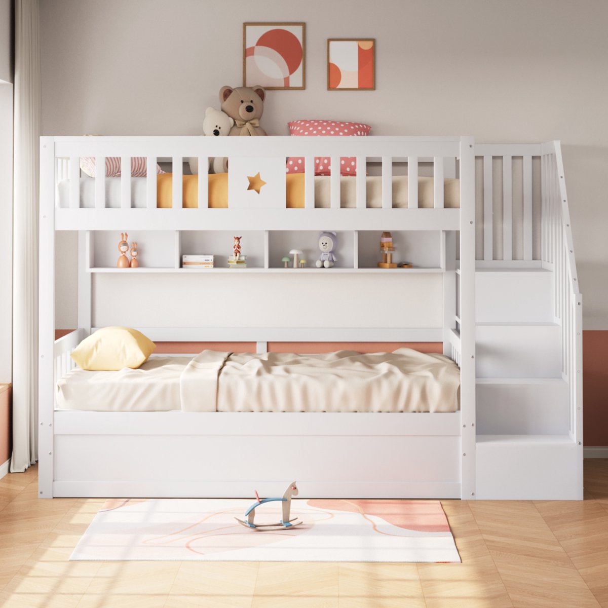 Merax 90x200 cm stapelbed - met opbergruimte - opbergladder - boekenplank - hoogslaper - wit - zonder matras