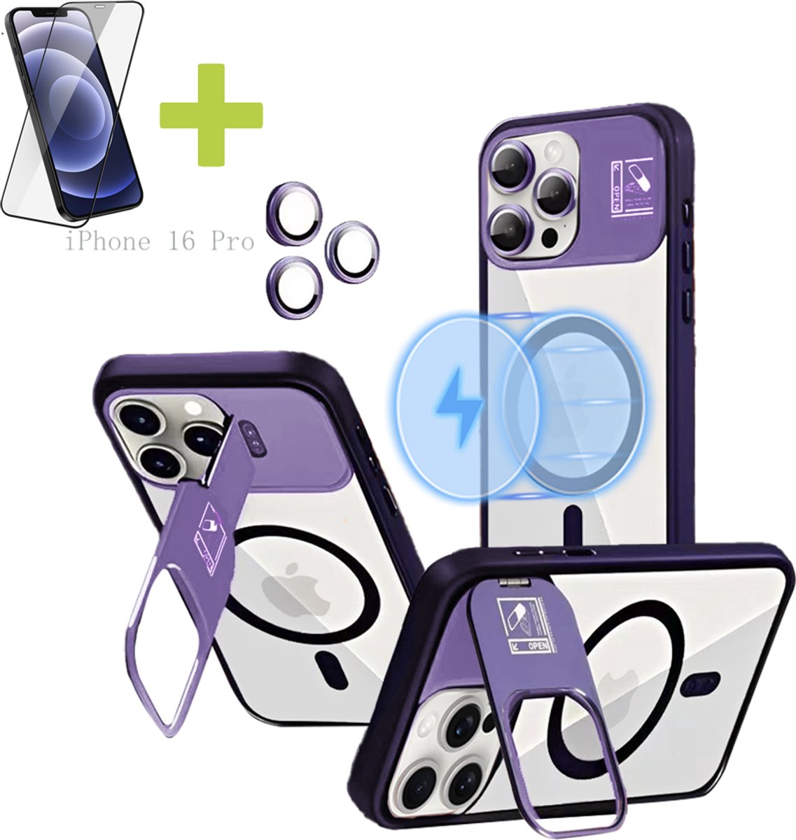 Hoesje voor iPhone 16 Pro met Standaard, Compatibel met MagSafe, Acryl + TPU Case, Hoes ingebouwde Stash Stand-telefoonhoes, Ultradun-Paars - Screenprotector