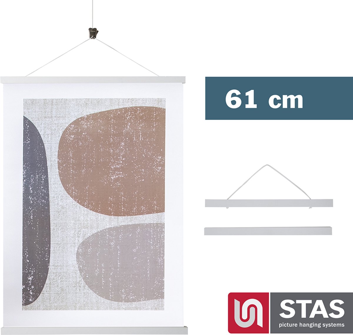 STAS picture hanging systems STAS Posterhanger 61 cm - Hout - Wit - Magnetisch poster ophangsysteem - Posterlijst - Posterklem - Posterhouder