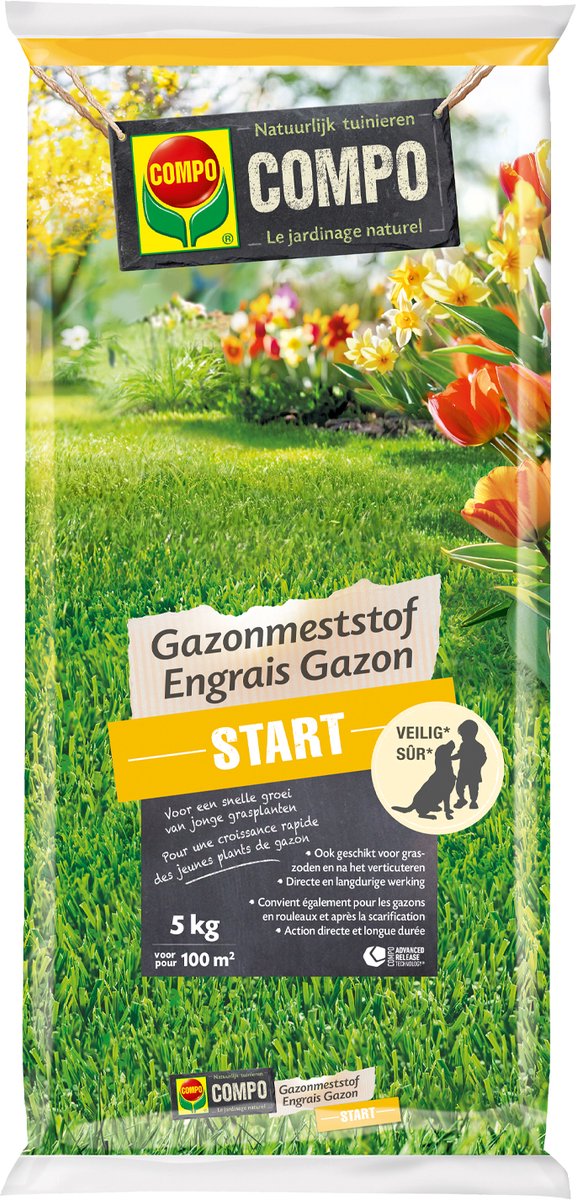 COMPO Gazonmeststof Start - de ideale lenteboost voor het gazon - lange werking - zak 5 kg (100 m²)