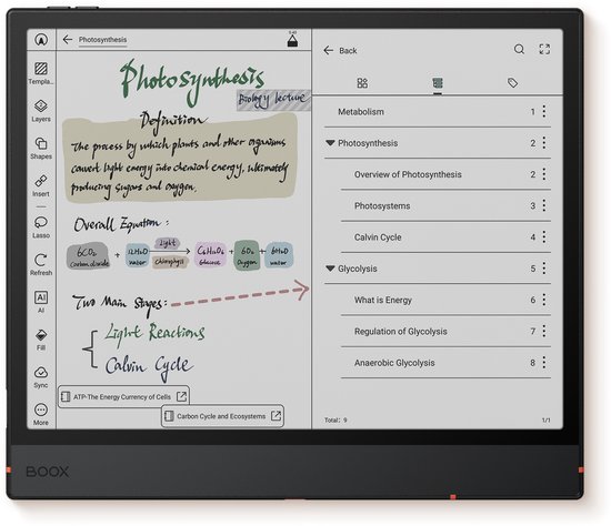 BOOX Note Air e-ink tablet toont een notitie over fotosynthese met een inhoudsopgave.