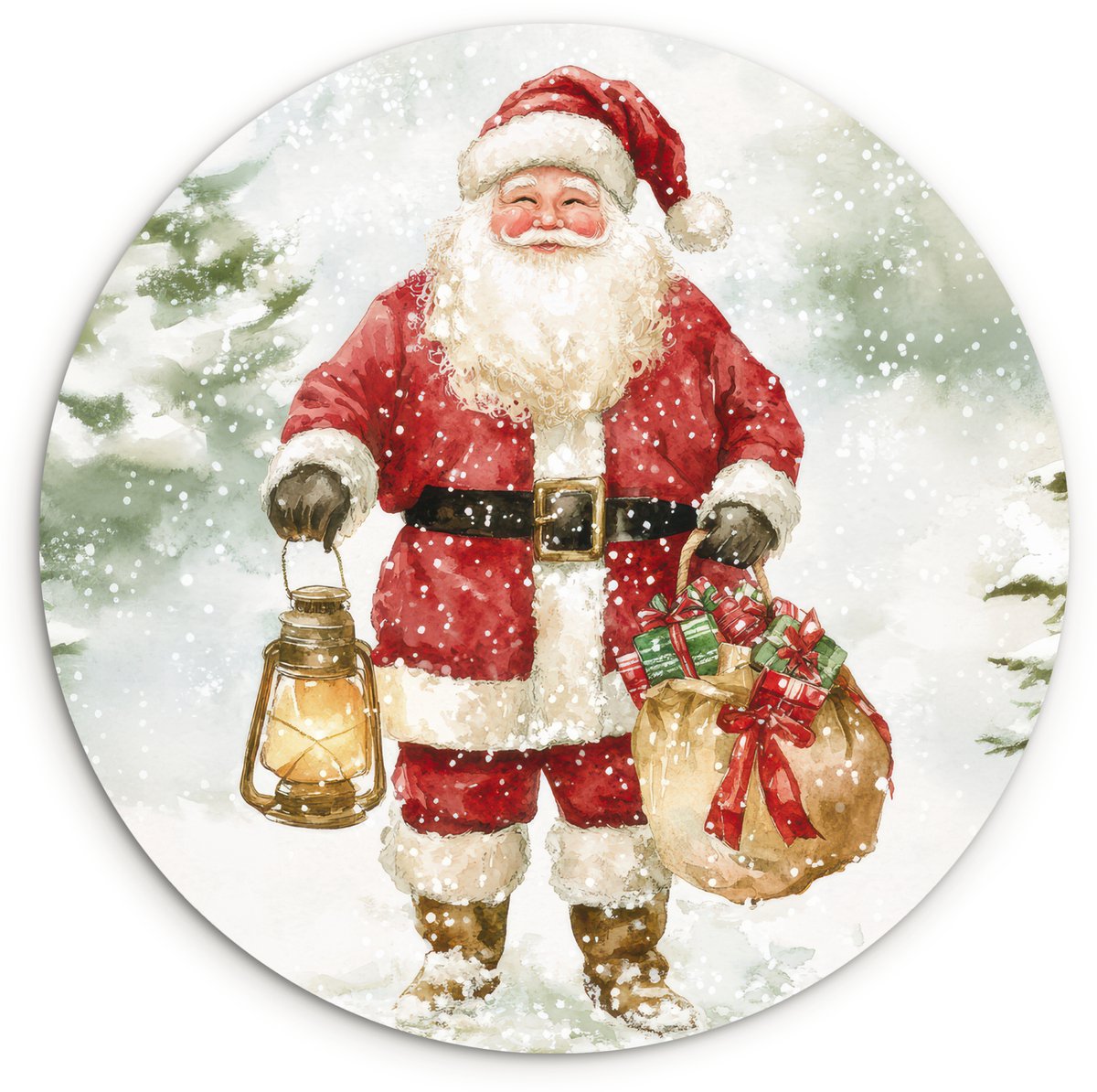WallCircle Wandcirkel 140x140 cm - Muurcirkel Kerstman- Winter - Sneeuw - Wit - Rood - Muurdecoratie woonkamer - Wanddecoratie slaapkamer - Kamer decoratie accessoires - Ronde schilderijen