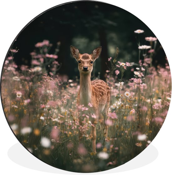 WallCircle - Cercle mural - Cercle mural - Cerf - Fleurs sauvages - Forêt - Aluminium - Dibond - 140x140 cm - Intérieur et Extérieur