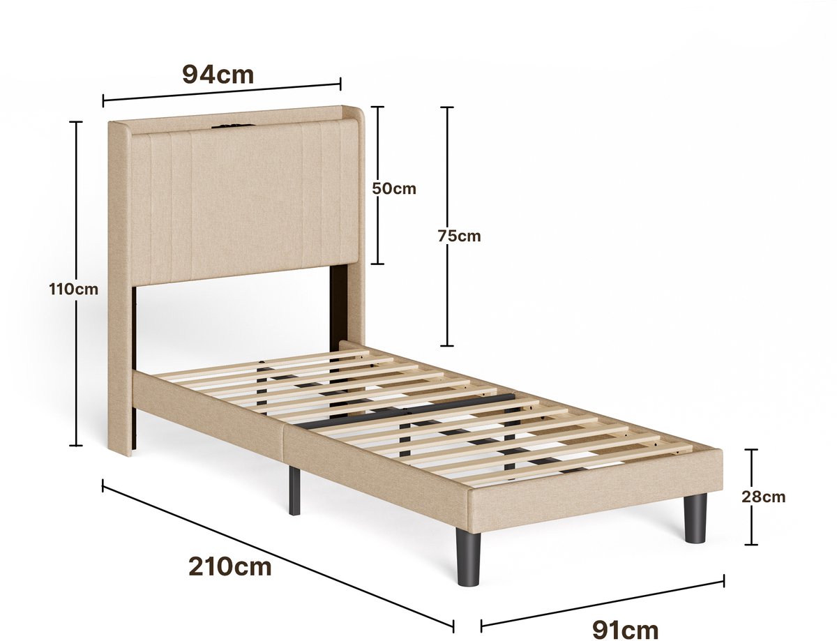Xbro Gestoffeerd Bed 90 x 200 cm – met LED-Verlichting & USB/Type-C Oplaadpoort – Eenpersoonsbed met Hoofdbord en Lattenbodem – Beige — cadeau in Cadeau-ideeën - foto 2