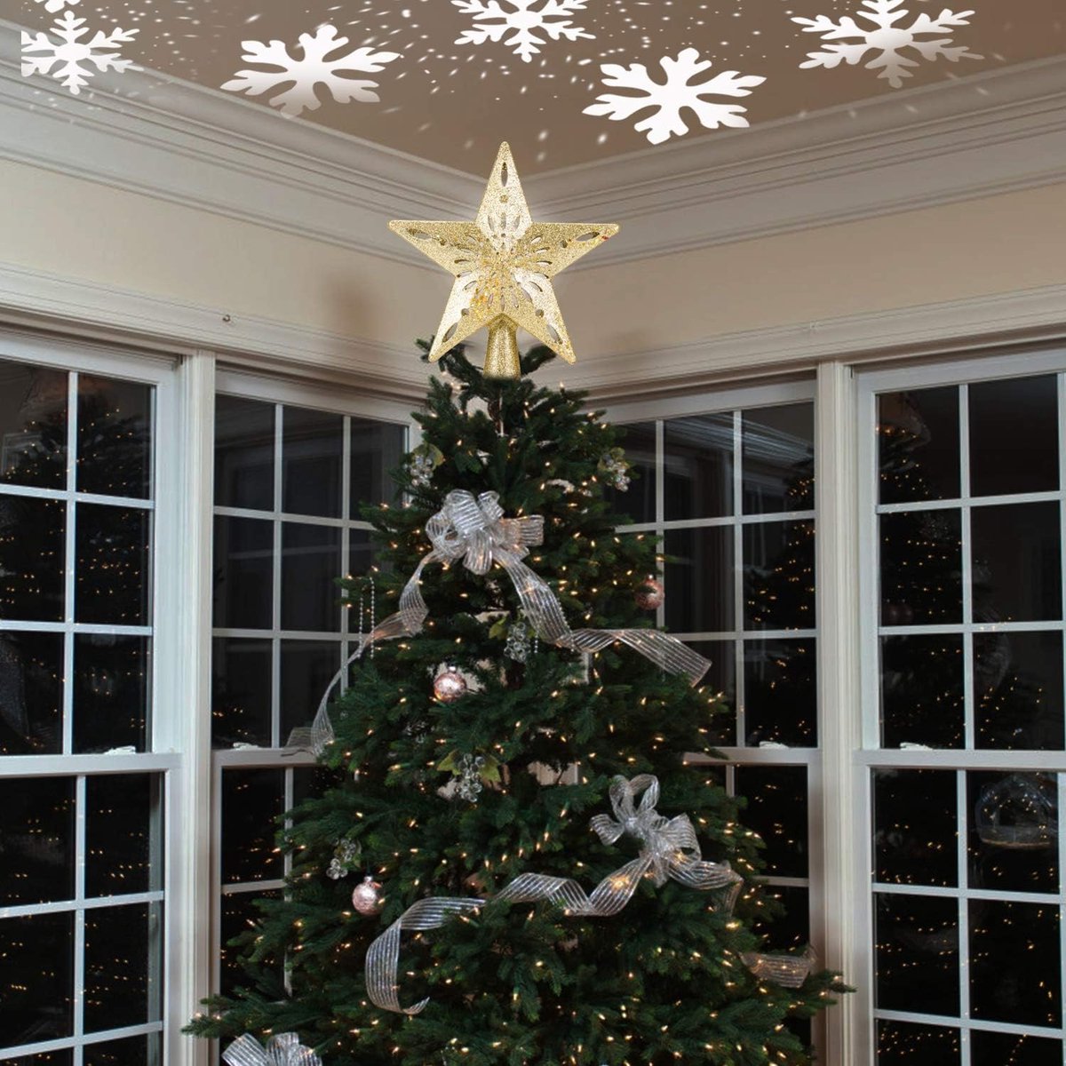 Projectorlamp - Sneeuw projector verlichting - Sneeuwvlokprojectorlamp - Kerstboom Topper - sneeuwvlokken licht projector voor Kerstmis - Snow Projector - LED-sneeuwspot voor binnen - huisdecoratie- Voor kerstboomversiering - Goud – foto 4