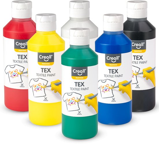 Six bouteilles de peinture textile en rouge, jaune, vert, bleu, blanc et noir.
