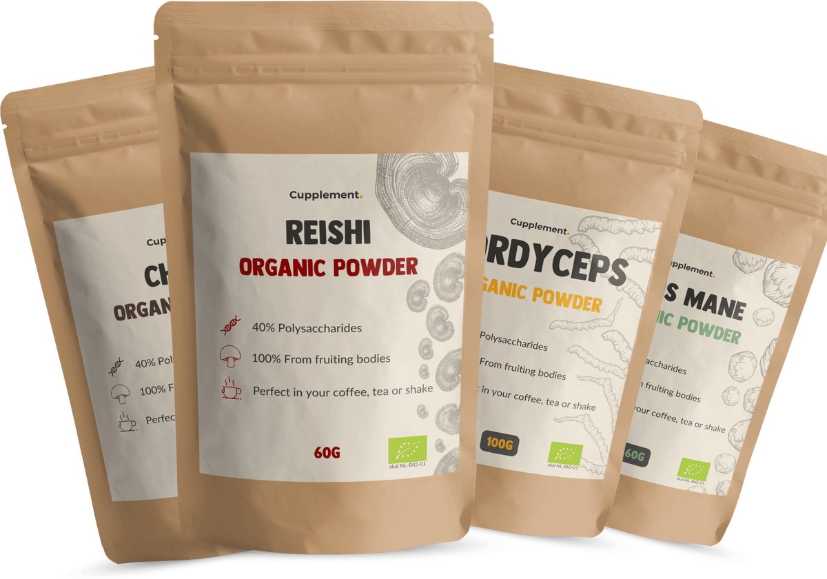 Cupplement Combipack Paddenstoelen Poeders Standaard pakket - 5 Delige Set Met 60 Gram Reishi, Chaga, Lions Mane & Cordyceps Biologisch - Inclusief Opschuimer & Scoops - Geen Capsule of Extract - Superfood - Supplement - Pruikzwam - Mushroom