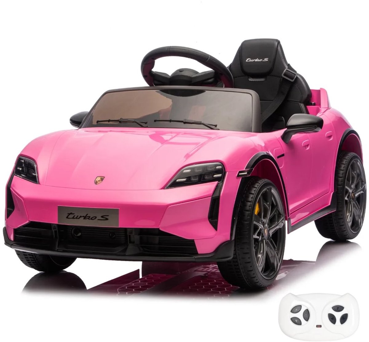 Porsche Taycan Turbo S 12V Elektrische Kinderauto 1 tot 5 jaar – Officieel Gelicentieerd met Vernieuwde Li-ion Accu – Luxe Sportwagen met Afstandsbediening, EVA-Wielen & Lederen Zitje – Roze