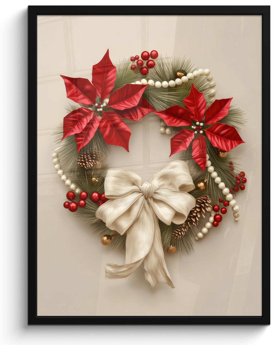 FrameYourWall Poster in lijst - Fotolijst 60x80 cm - Posters - Deurkrans - Strik - Kerst - Rood - Groen - Posterlijst zwart - Decoratie - Wanddecoratie woonkamer - Muurdecoratie slaapkamer - Kerstversiering - Kerstdecoratie voor binnen - Kerstmis