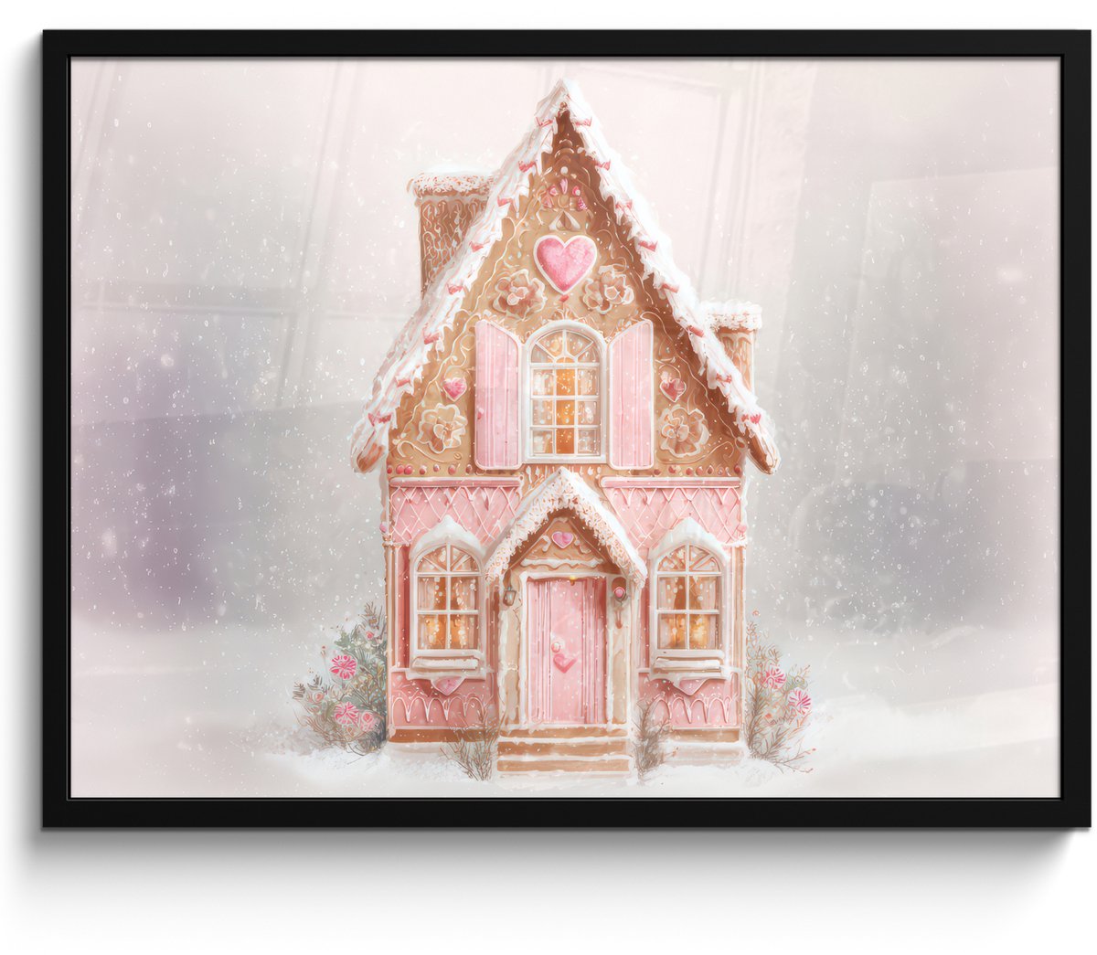 FrameYourWall Poster in lijst - Fotolijst 80x60 cm - Posters - Huisje - Suiker - Pastel - Posterlijst zwart - Decoratie - Wanddecoratie woonkamer - Muurdecoratie slaapkamer - Kerstversiering - Kerstdecoratie voor binnen - Kerstmis