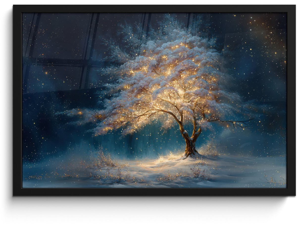 FrameYourWall Poster in lijst - Fotolijst 60x40 cm - Posters - Levensboom - Nacht - Donker - Blauw - Posterlijst zwart - Decoratie - Wanddecoratie woonkamer - Muurdecoratie slaapkamer