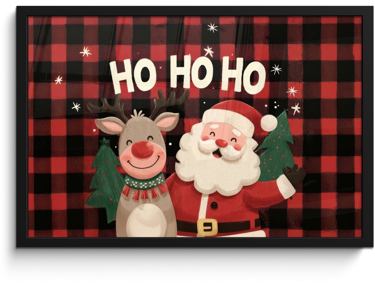 FrameYourWall Poster in lijst - Fotolijst 60x40 cm - Posters - Kerstman - Rendier - Tekst - Rood - Zwart - Posterlijst zwart - Decoratie - Wanddecoratie woonkamer - Muurdecoratie slaapkamer - Kerstversiering - Kerstdecoratie voor binnen - Kerstmis