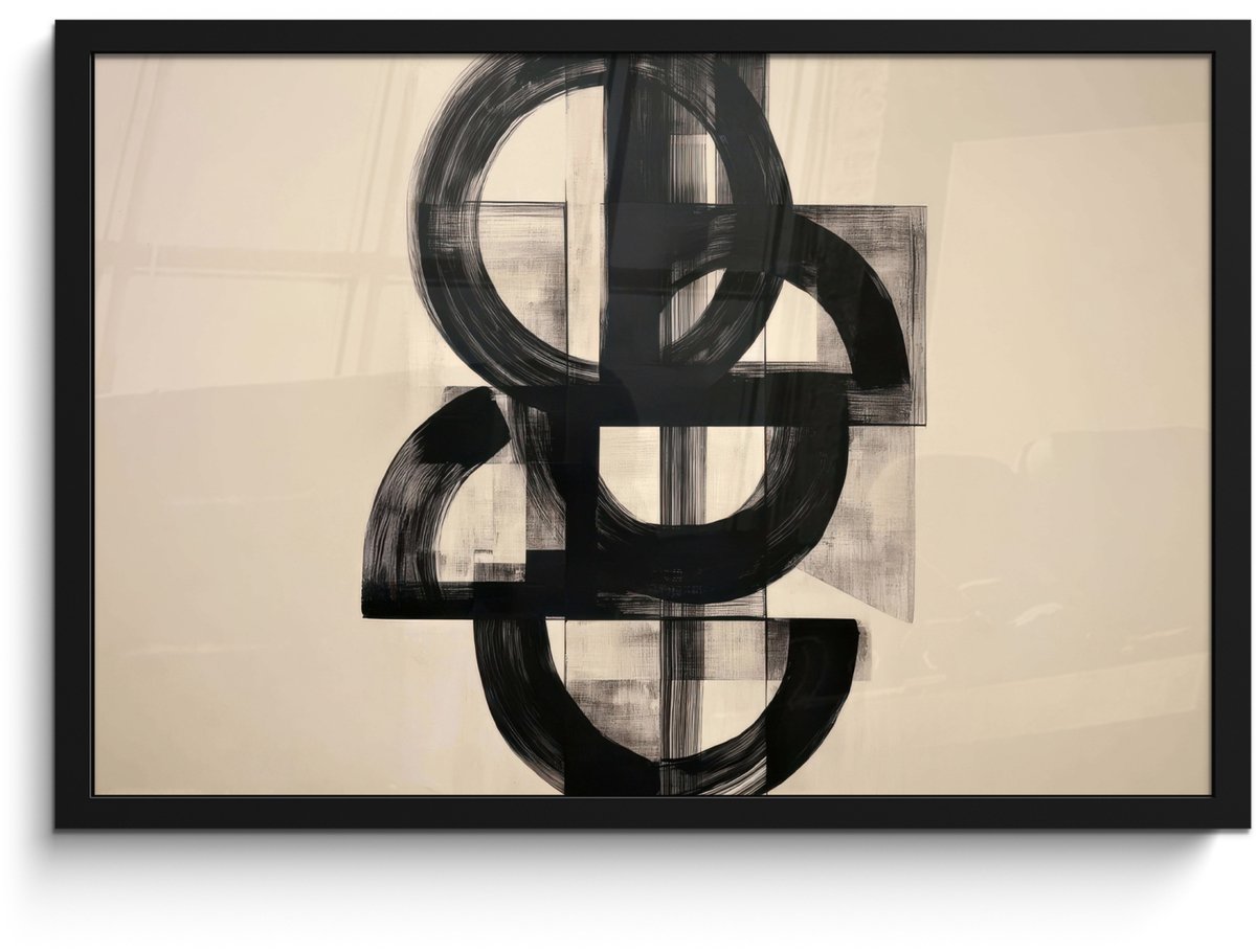 FrameYourWall Poster in lijst - Fotolijst 60x40 cm - Posters - Cirkels - Lijnen - Vormen - Zwart - Posterlijst zwart - Decoratie - Wanddecoratie woonkamer - Muurdecoratie slaapkamer