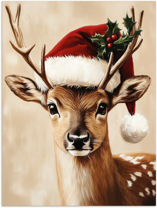 Poster 90x120 cm - Kerst - Hert - Gewei - Rood - Posters - Kamer decoratie - Wanddecoratie woonkamer - Muurdecoratie slaapkamer - Kerstversiering - Kerstdecoratie voor binnen - Kerstmis