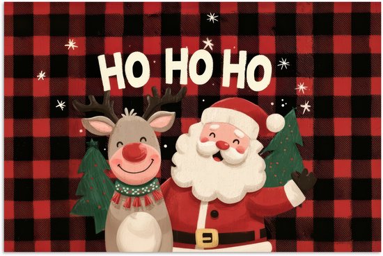 Poster 60x40 cm - Kerstman - Rendier - Tekst - Rood - Zwart - Posters - Kamer decoratie - Wanddecoratie woonkamer - Muurdecoratie slaapkamer - Kerstversiering - Kerstdecoratie voor binnen - Kerstmis