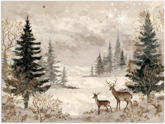 Poster 120x90 cm - Bos - Herten - Winter - Sneeuw - Posters - Kamer decoratie - Wanddecoratie woonkamer - Muurdecoratie slaapkamer