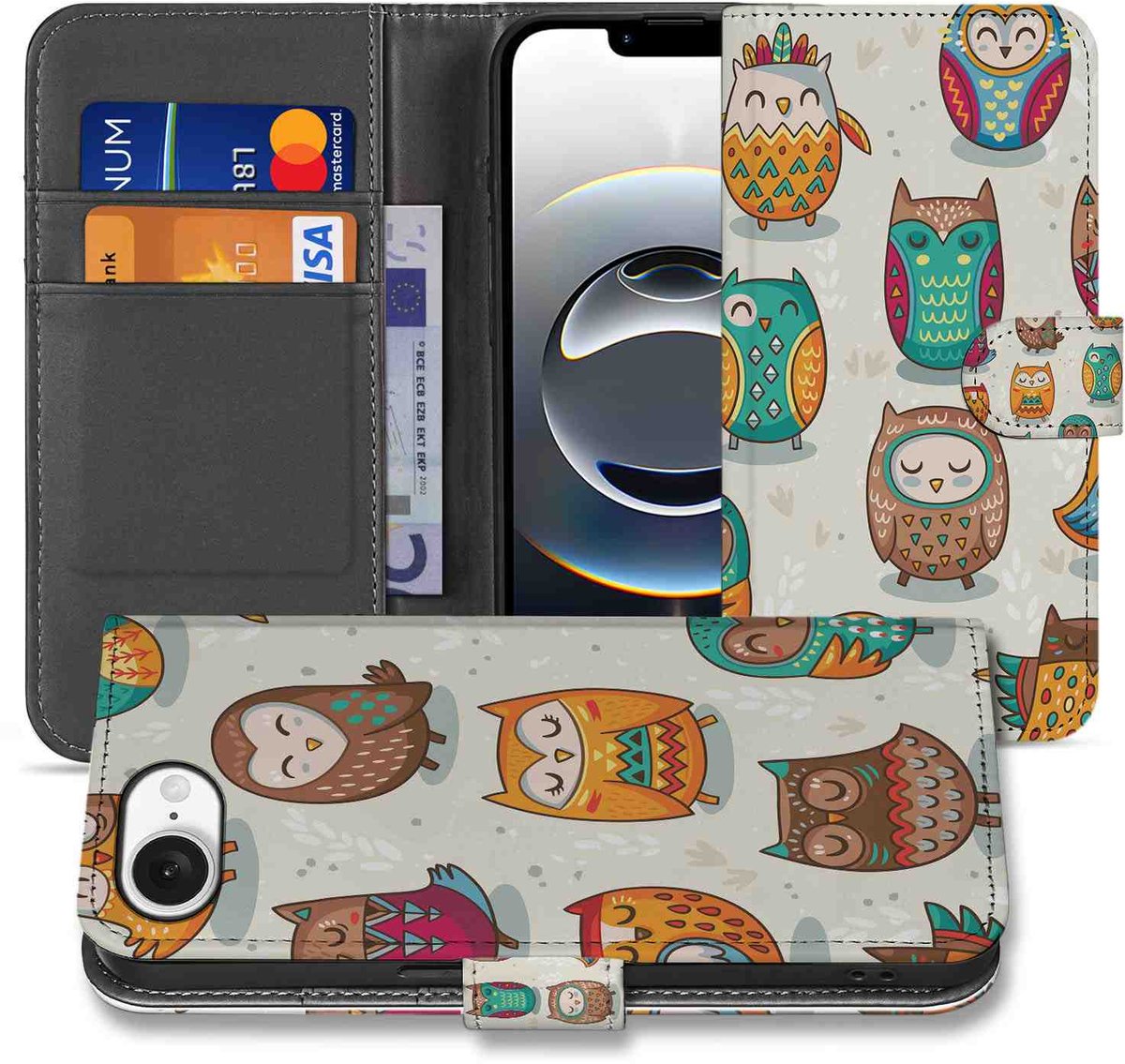 iPhone 16e/17e Telefoonhoesje met Pasjes Vrolijke Uilen