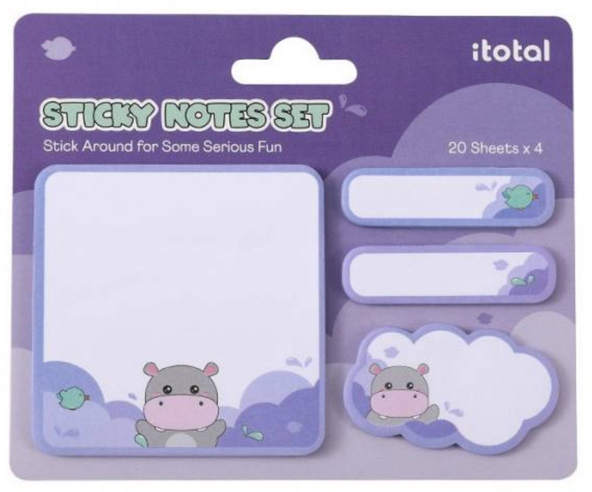 iTotal Sticky Notes Sets Kleverige Notities “Hippo” 4x20 sheets 74x74, 15x55, 33x55mm 20gr