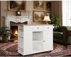 Industrial Home Keukeneiland op Wielen – Wit Hout & Metaal – Opvouwbare Keukenwagen met Werkblad, Wijnglasrek, Snackhouder & Opbergruimte – 120x42x91,5 cm – Moderne Buffetkast / Eiland Trolley