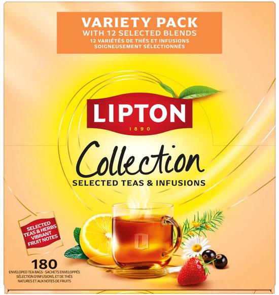Lipton Collection Variety Pack met 180 theezakjes, diverse smaken. Met citroen, aardbei en munt.