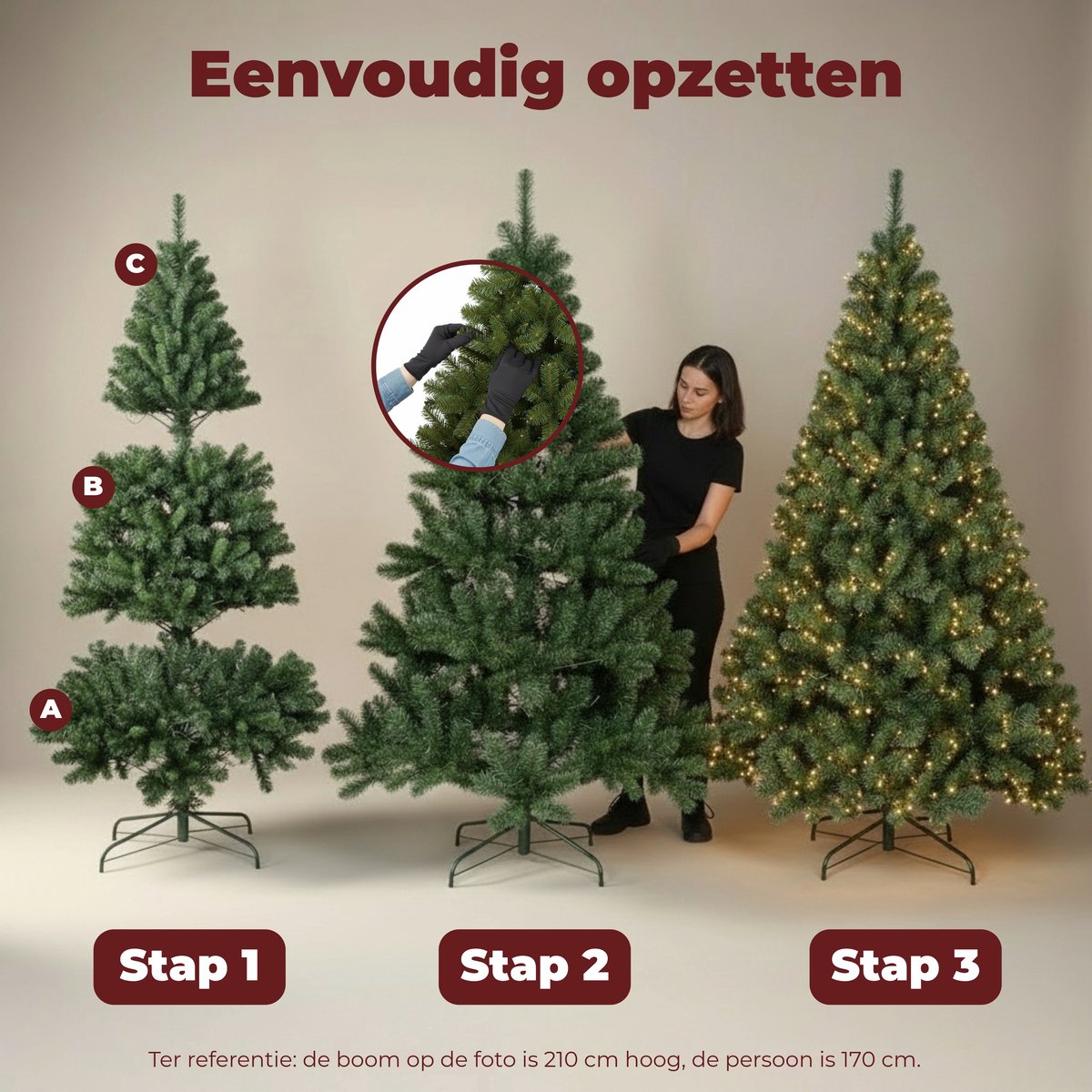PristinePine Volle kerstboom met verlichting (380 LED lampjes) - 210 cm Kunstkerstboom inclusief opbergtas en handschoenen - Gekleurde lichtjes - 1404 Takken – foto 8