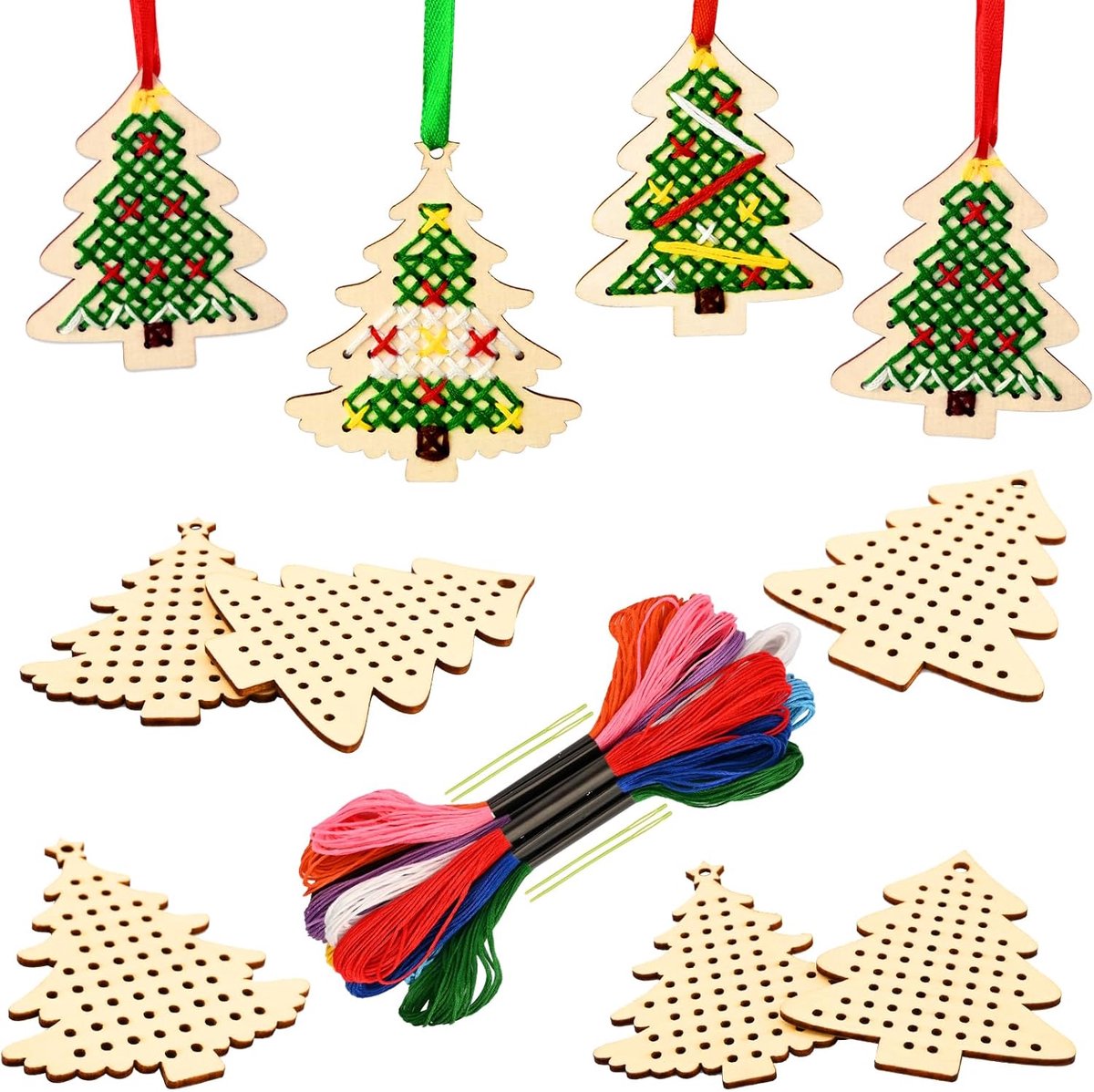 Kerst borduurset - Kerstboom borduren - DIY kerstknutsels - Borduurset voor volwassenen - Kerstboomversieringen - Houten kerstboom bladwijzer kruissteek - Kerstborduurset voor kinderen en beginners