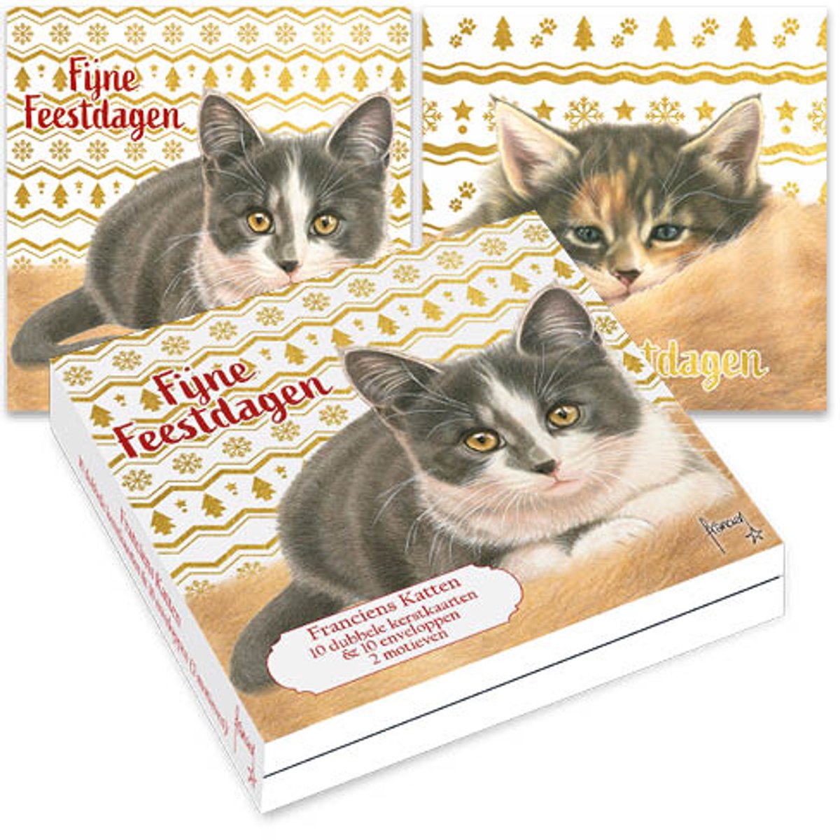 Franciens Katten kerstkaartenmapje - Kittens met goudpatroon