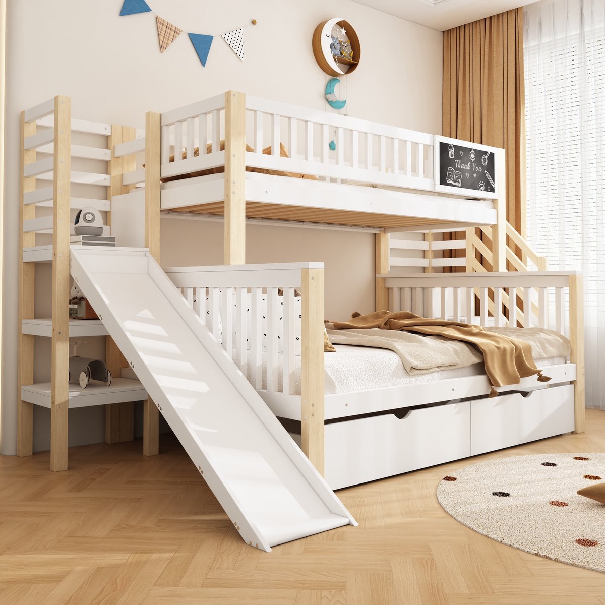 Sweiko Stapelbed - 90×200 & 140×200 cm - Kinderbed - Met glijbaan - Graffitibord - 2 lades - Wit