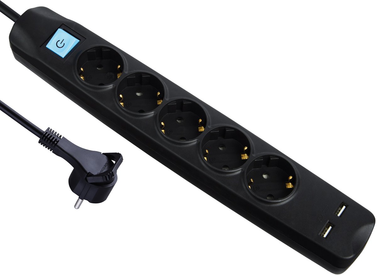 MaxTrack stekkerdoos met 5 contacten en 2x USB / zwart - 1,5 meter