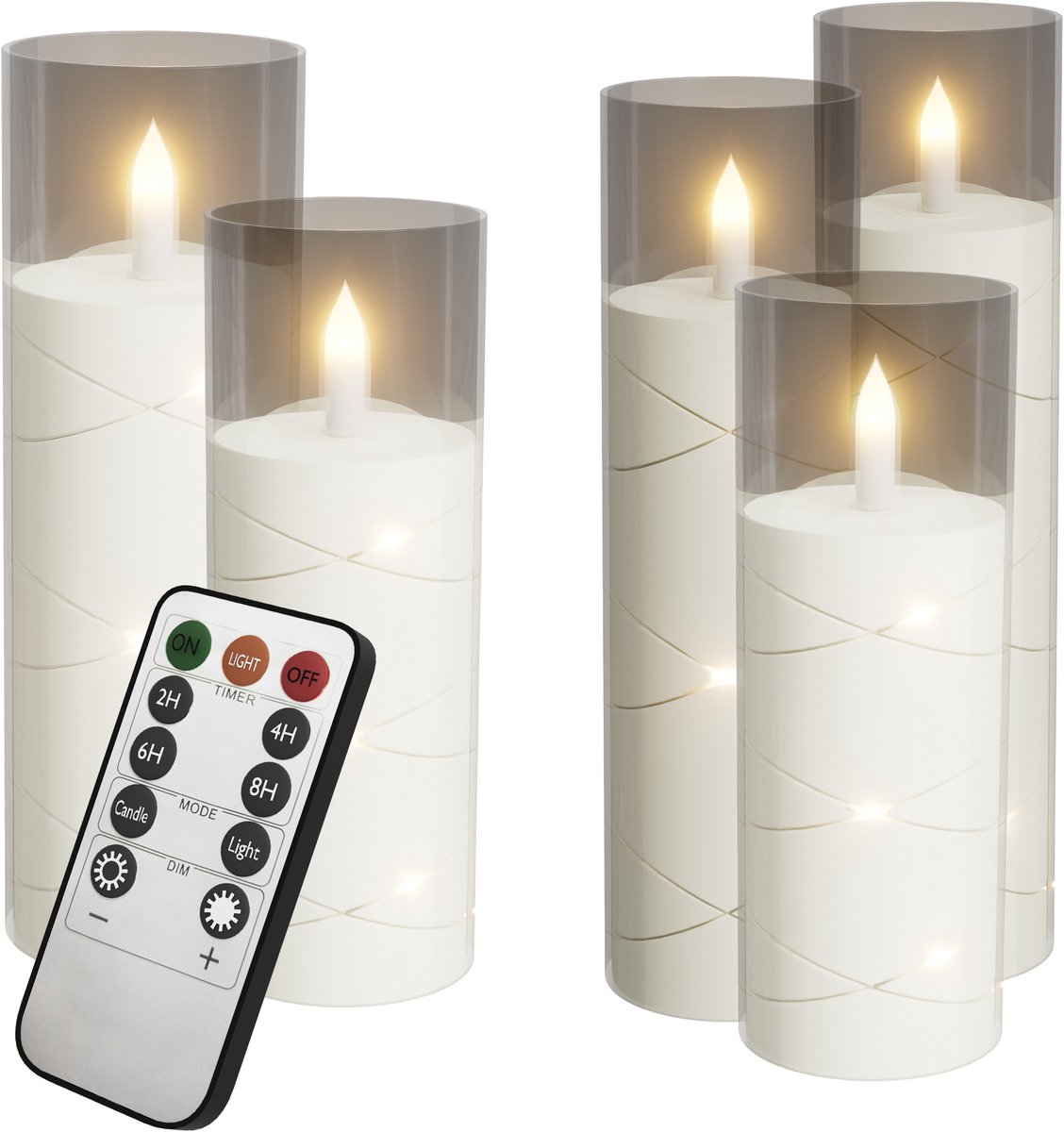 Aufun LED vlamloze kaarsen met flikkerend effect - met afstandsbediening - stompkaarsen van acryl - op batterijen - type D - transparant - set van 5