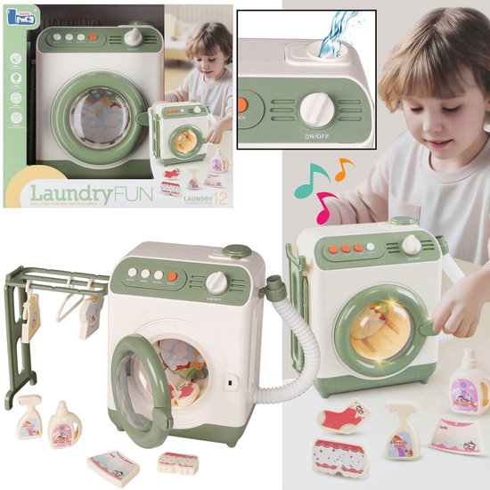 Kind speelt met speelgoed wasmachine, accessoires, wasrek en zeepdispensers, met illustratie van water vullen.