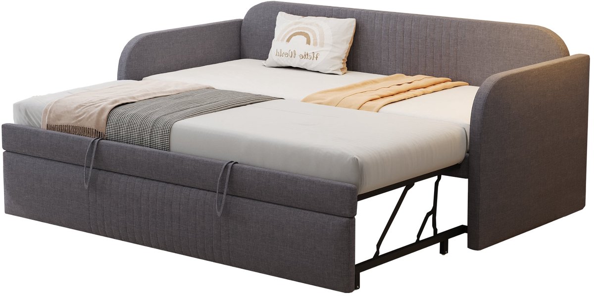 Merax Uitklapbaar Gestoffeerd Bed 90x190 180x190 Multifunctioneel Slaapbank Met Lattenbodem Grijs