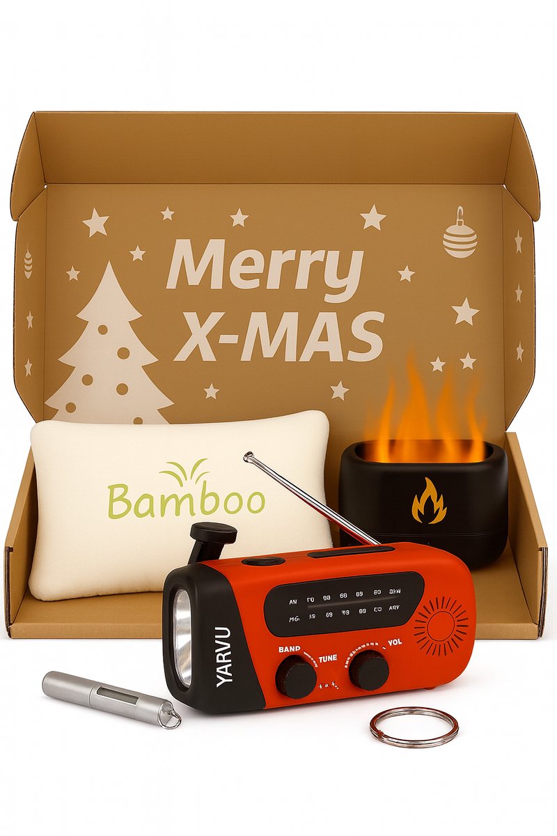 Kerstpakket Trends 2025 - Noodradio - Noodfluit - Bamboe Kussen - Aroma Diffuser - Kerst Pakket - Geschenkset - Cadeau - Doos
