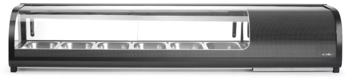 Hendi Sushi display- Arktic- Inclusief containers: 6x GN 1/3 (H) 40 mm.- GN 1/3- Zwart- 220-240V/190W- 1529x426x(H)296mm