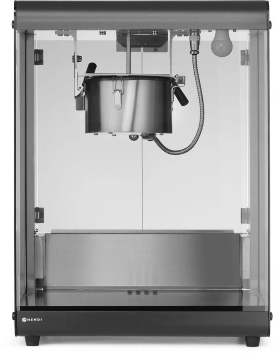 HENDI popcornmachine - koolstofstaal en veiligheidsglas - met roermechanisme en verwarmde bodem - 56x44,5x77,5 cm - zwart - 80 liter - voor horeca en evenementen