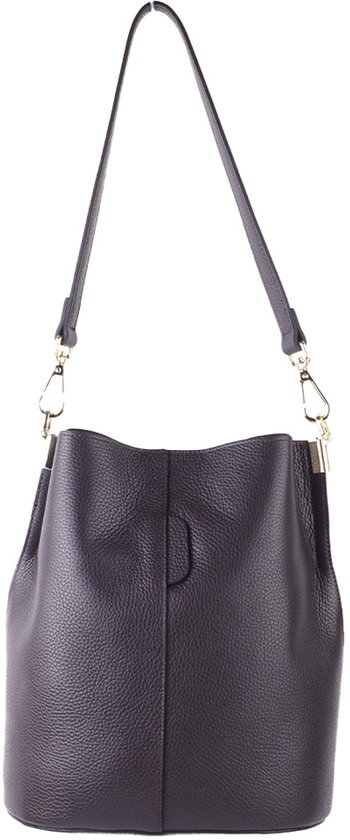 Made In Italy Lederen Handtas Donker Grijs - Toscaans Leer Vrouwentas Met Draaiknopsluiting
