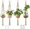 Vier jute macramé plantenhangers met planten en een terrarium.