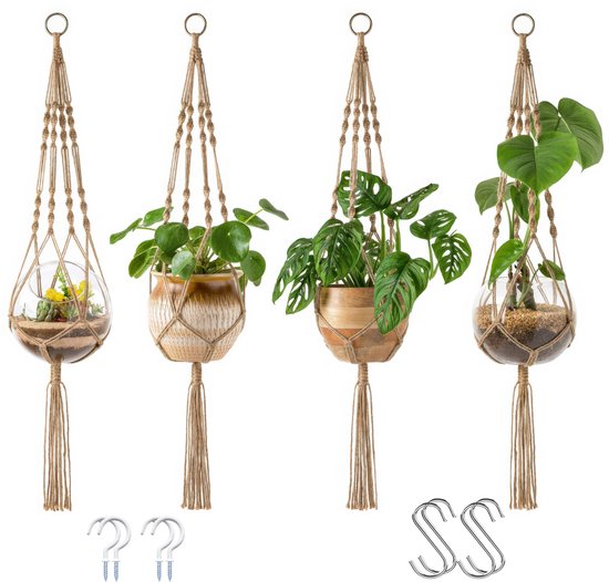 4 Stuks Jute Macrame Plantenhangers - Boho Handgeweven Katoen Hangpot voor Binnen/Buiten - Hangende Bloempot met Kralen - Macramé Touw/Koord Hangplant Houder - Bohemian Wandhanger Decoratie - Plant Hanger - Verticale Tuin Bloempothouder Planthanger