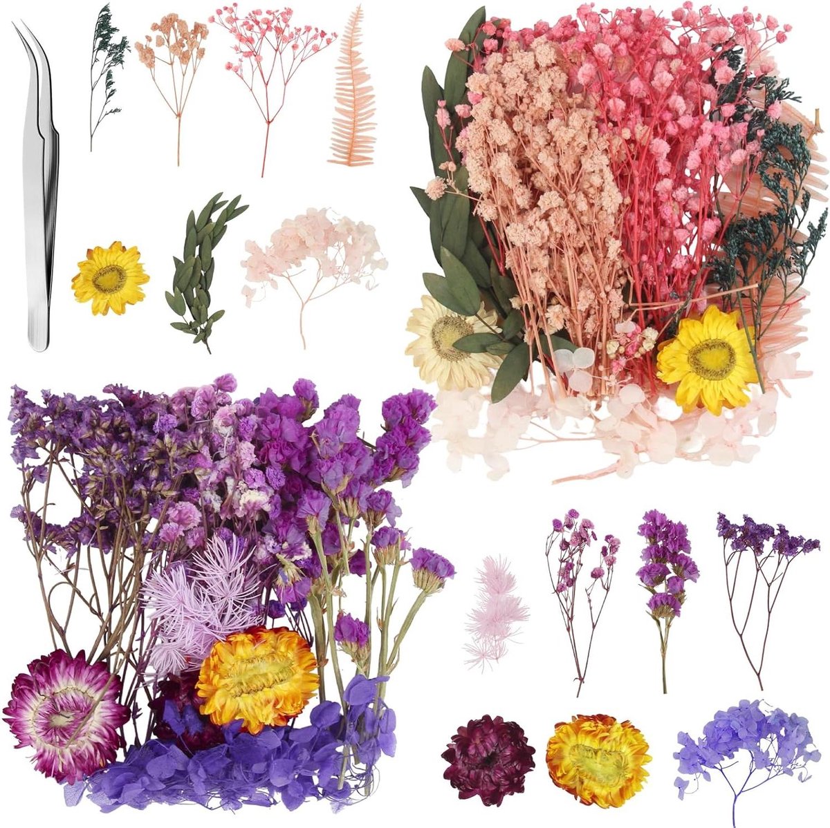 Orivio - Gedroogde bloemen voor decoratieve hars DIY - Roze en paarse bloemen - Natuurlijke bloemenmix - Harsdecoratie en geschenken.