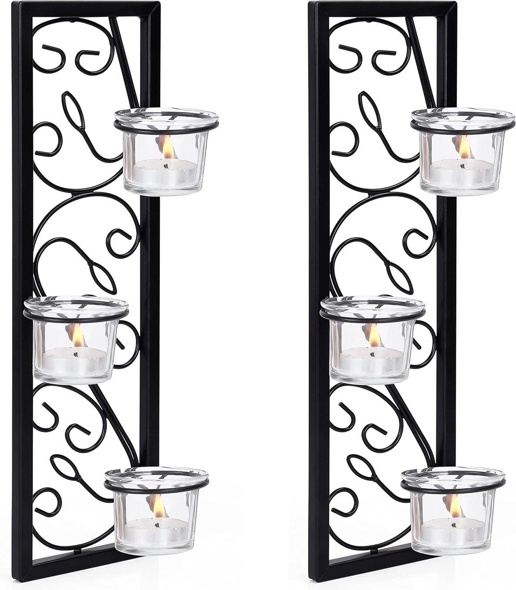 Orivio - Wandkandelaars Zwart IJzer H35,2 cm 2 Stuks - Kaarshouder Theelichten Pilaar Woonkamer Badkamer Dinerkamer Bruiloft Bedrust Decoratie