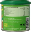 Achterkant blik Herbamare bouillon met voedingswaarden tabel, ingrediënten en biologische certificeringen.