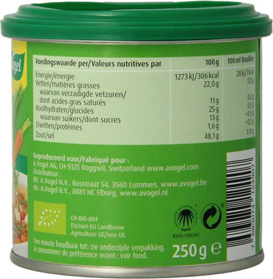 Achterkant blik Herbamare bouillon met voedingswaarden tabel, ingrediënten en biologische certificeringen.
