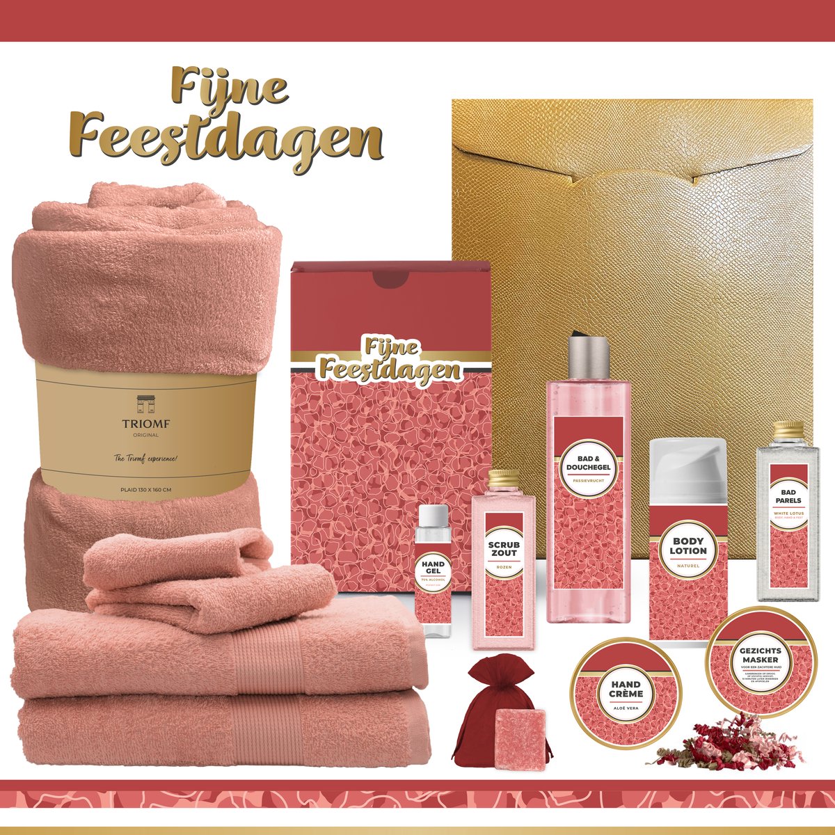 Geschenkset “Fijne Feestdagen” - 13 producten - 1980 gram | Giftset voor haar - Luxe wellness cadeaubox - Cadeau vrouw - Gift Set Kerst - Geschenk Merry Christmas - Kerstpakket - Cadeaupakket - Prettige Kerstdagen - Vriendin - Moeder - Rood Roze Goud