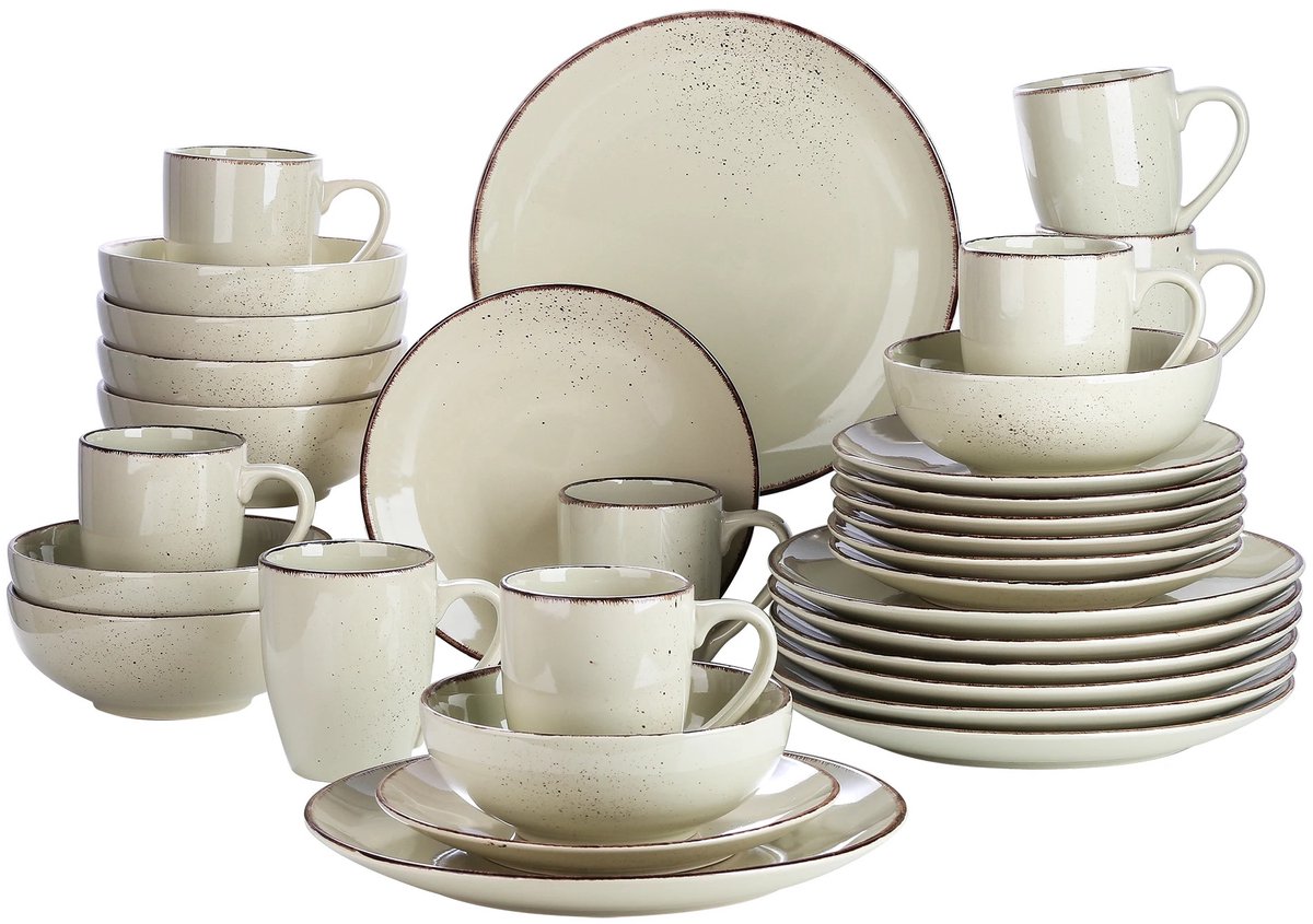 NaevaMi Serviesset - Keramisch Servies - Dinerborden - Dessertborden - Schalen - Koffiekopjes - Complete Tafelservies Set - Serviesset 8 Persoons - 32 stuks - Beige