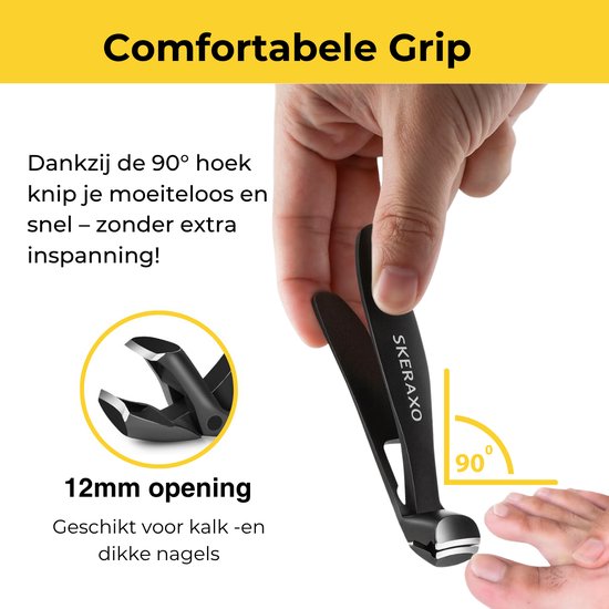 Zwarte SKRRAXO nagelknipper met 90 graden opening van 12 mm, ideaal voor dikke nagels.
