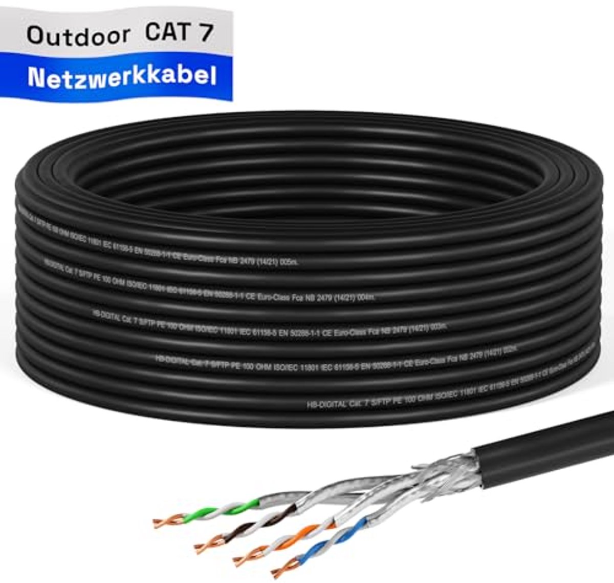 15 m CAT 7 Installatiekabel Buiten, 1000 MHz, 10 Gbit, Dubbel Afgeschermd, Zuiver Koper