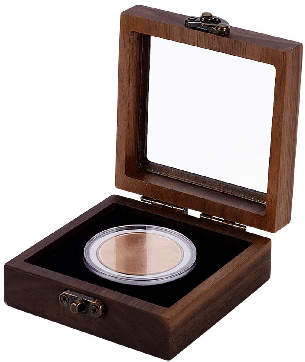 Selbro® Coconut Brown Challenge Coin Presentatie Display Box wit Muntcapsules Box 90x90x36.5mm Walnoot Hout Munt Presentatie Display Box Houder met Clear Window Coin Hout Display Box